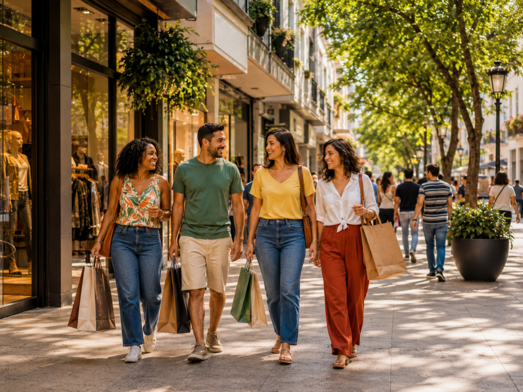 Grupo de amigos em passeio de compras e viagem especial